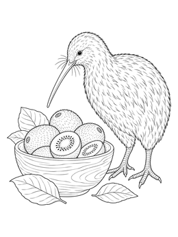 Free printable Kiwi Bird With Kiwi Fruit Bowl coloring page