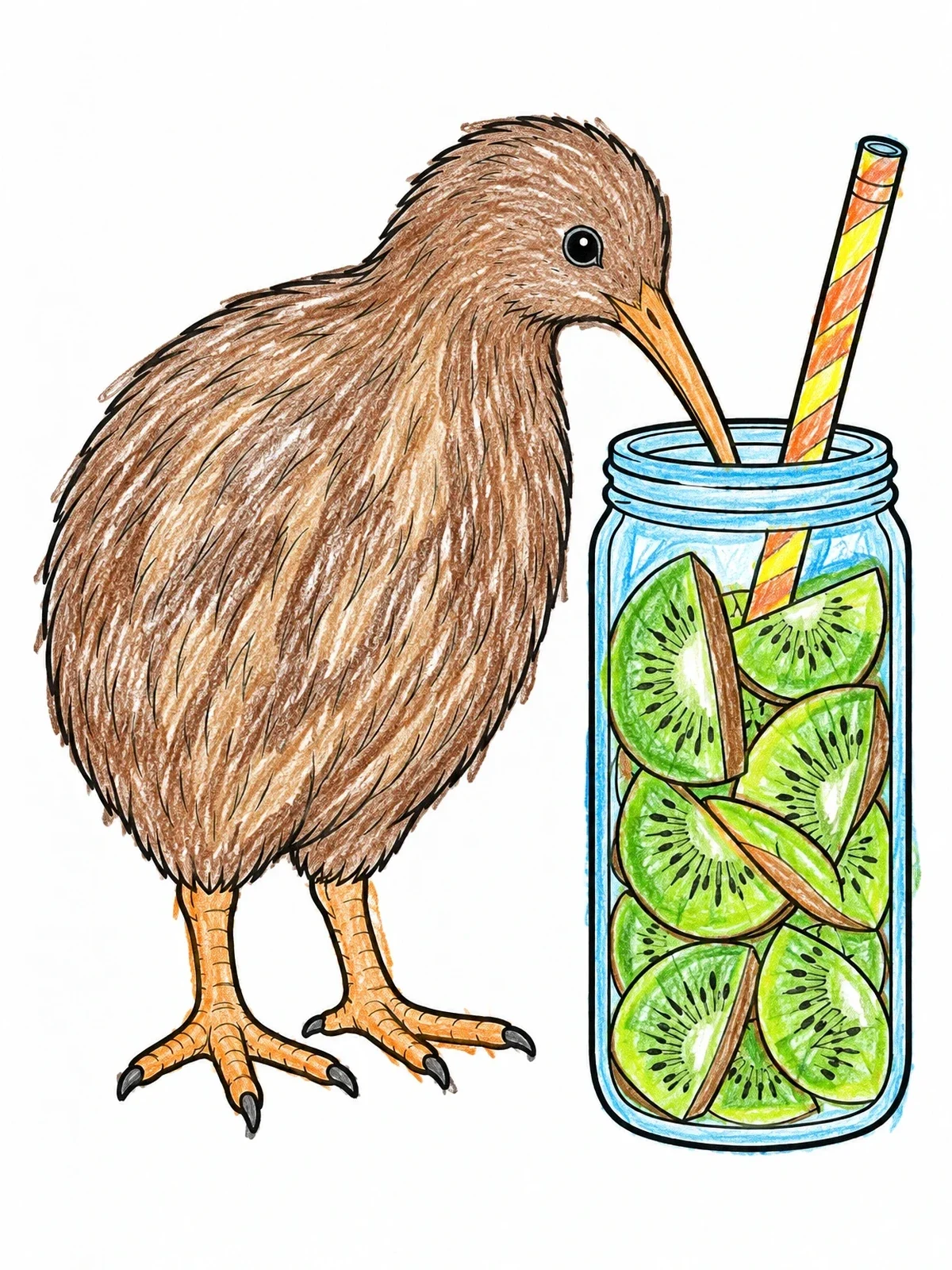 Colored example of the Kiwi Bird With Kiwi Fruit Drink coloring page