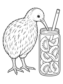 Free printable Kiwi Bird With Kiwi Fruit Drink coloring page