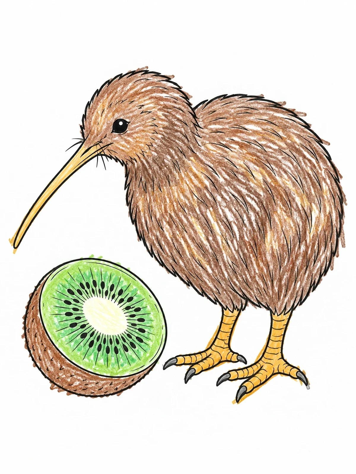 Colored example of the Kiwi Bird With Sliced Kiwi Fruit coloring page