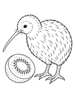 Free printable Kiwi Bird With Sliced Kiwi Fruit coloring page