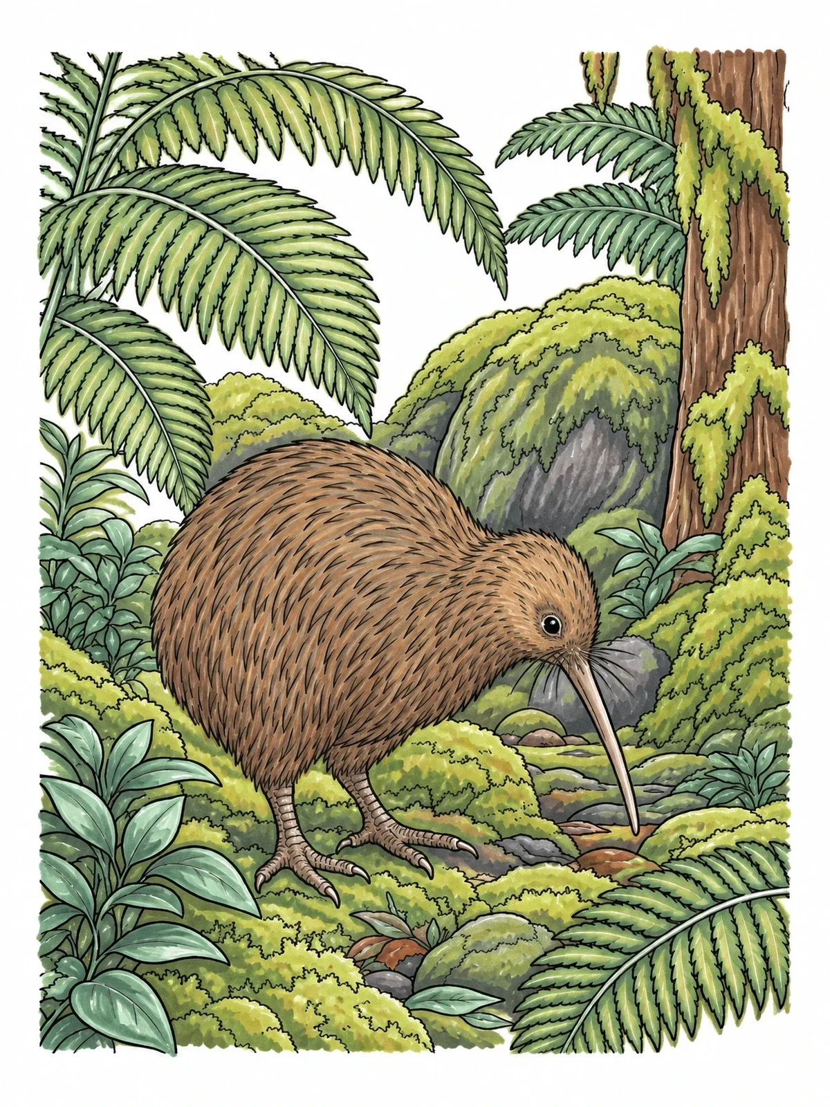 Colored example of the Kiwi In A New Zealand Rainforest coloring page