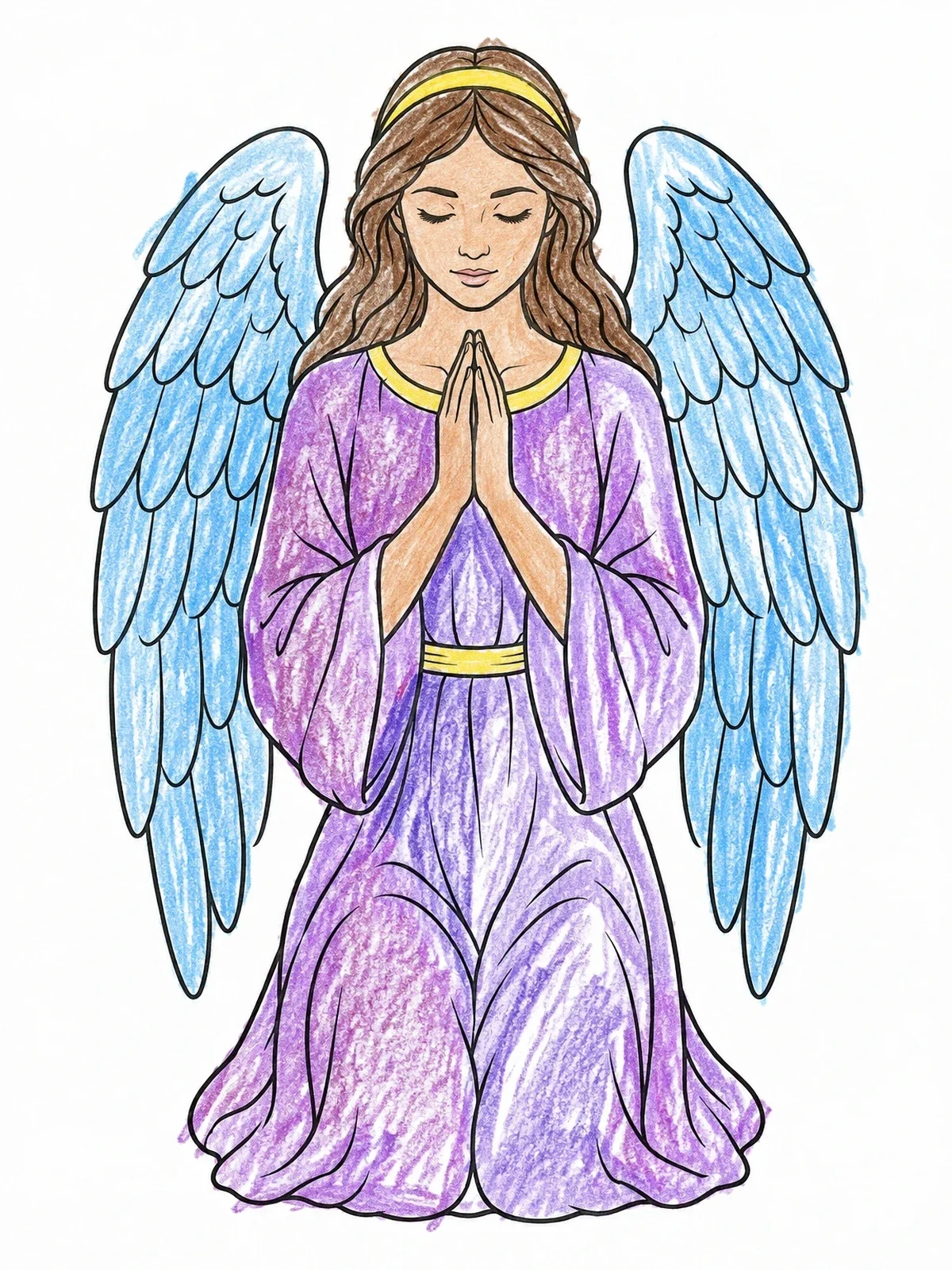 Colored example of the Kneeling Angel With Feathered Wings coloring page
