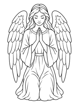 A peaceful angel wings coloring page featuring a kneeling figure with folded hands.