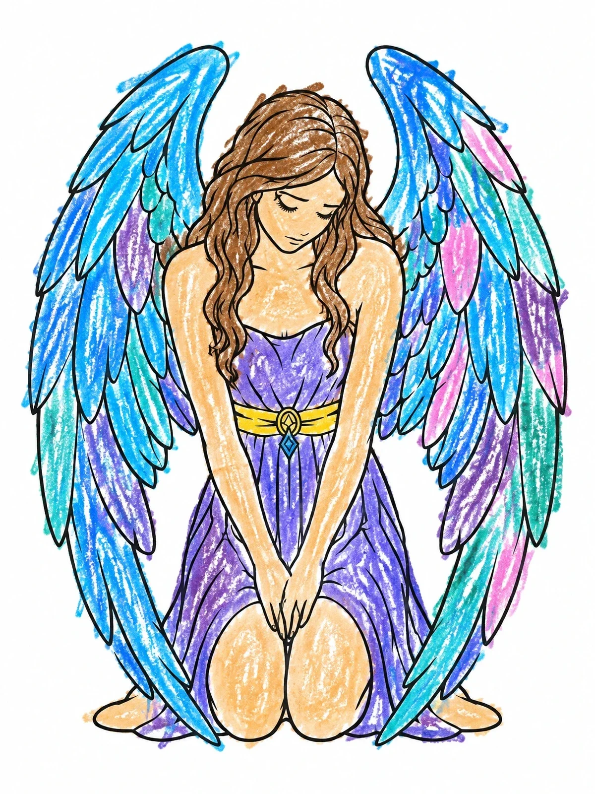 Colored example of the Kneeling Angel With Large Wings coloring page