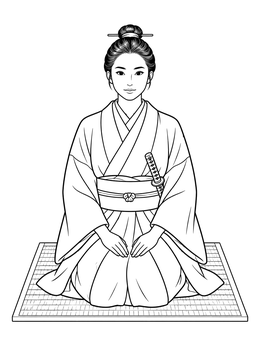 A serene samurai coloring page featuring a woman kneeling in seiza posture on a woven mat.
