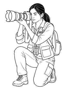 A kneeling photojournalist takes a shot in this detailed journalist coloring page.
