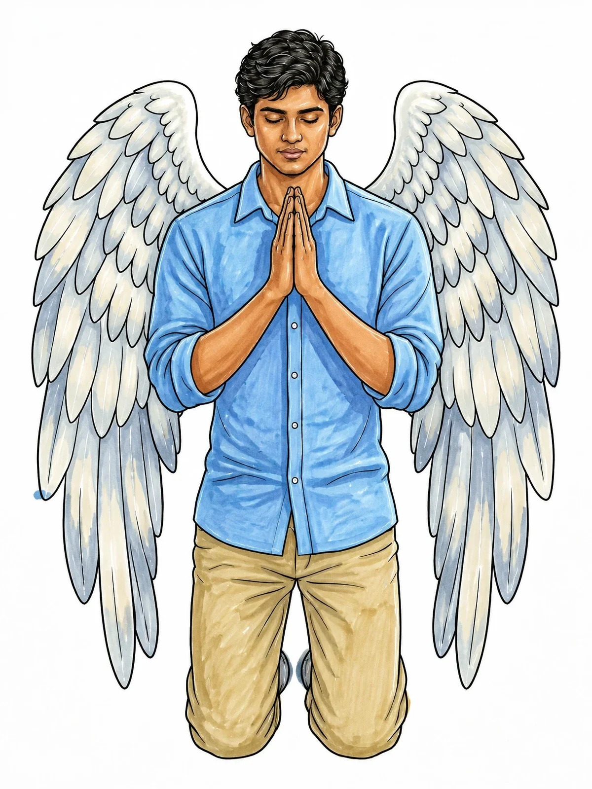 Colored example of the Kneeling Angel In Prayer coloring page