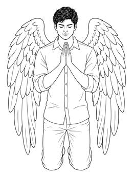 A peaceful kneeling angel coloring page showing folded hands and large wings.