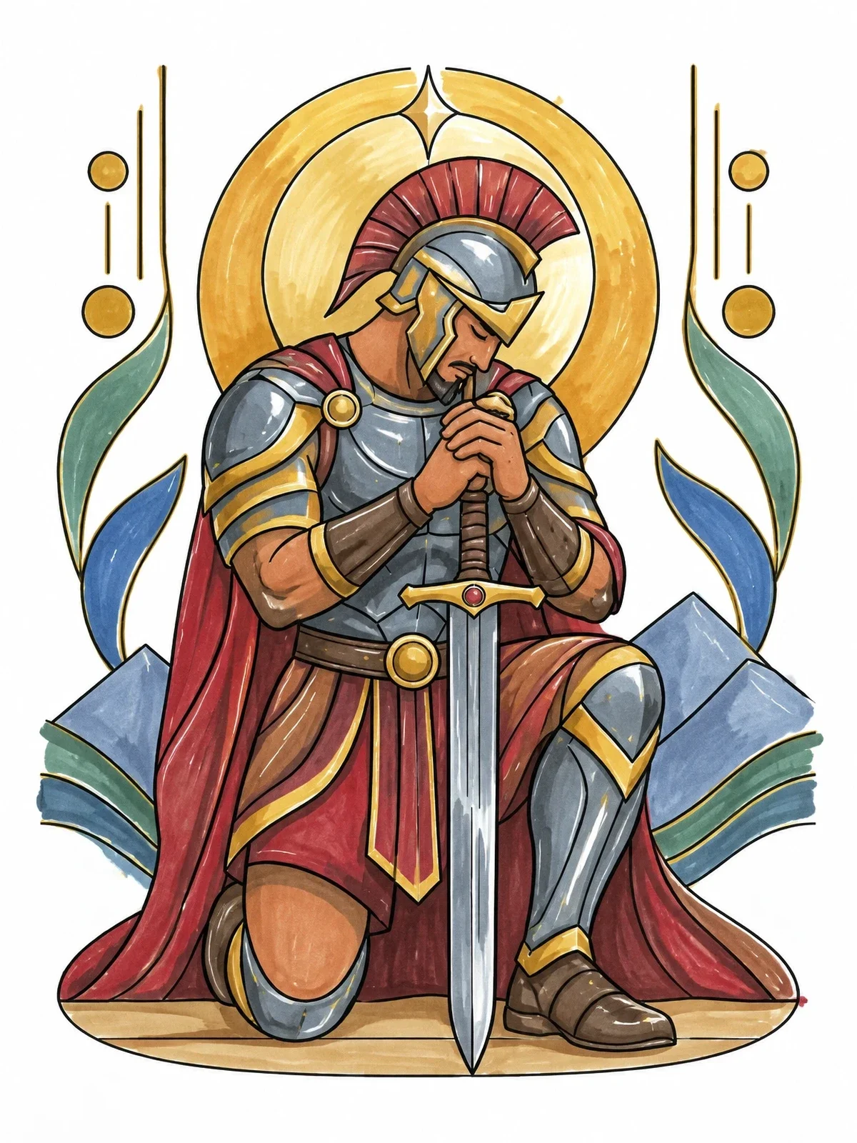 Colored example of the Kneeling Warrior In Prayer coloring page