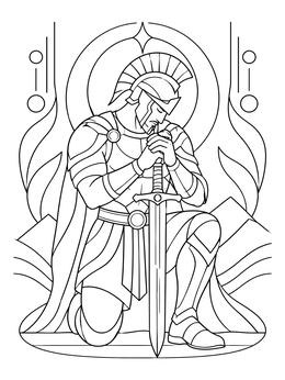 A kneeling warrior in full armor rests on a sword in this armor of god coloring page.