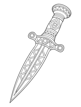 An ornate ancient dagger with geometric motifs on this detailed knife coloring page.