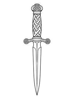 Detailed dagger with intricate woven hilt on this knife coloring page.