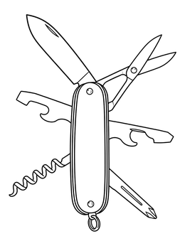 Classic pocket knife coloring page with scissors, corkscrew, and screwdriver unfolded.