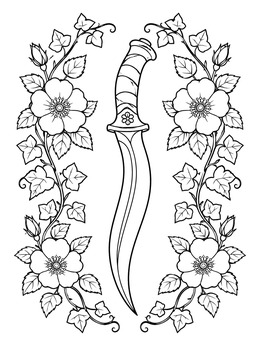 A curved hunting dagger bordered by blooming wild roses on this knife coloring page.
