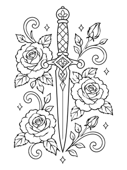 Free printable Ornate Dagger With Blooming Roses coloring page
