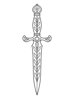 An ornate fantasy dagger with leaf motifs on this knife coloring page.
