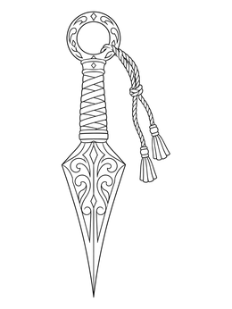 An ornate kunai knife coloring page with engraved patterns and decorative cord tassels.