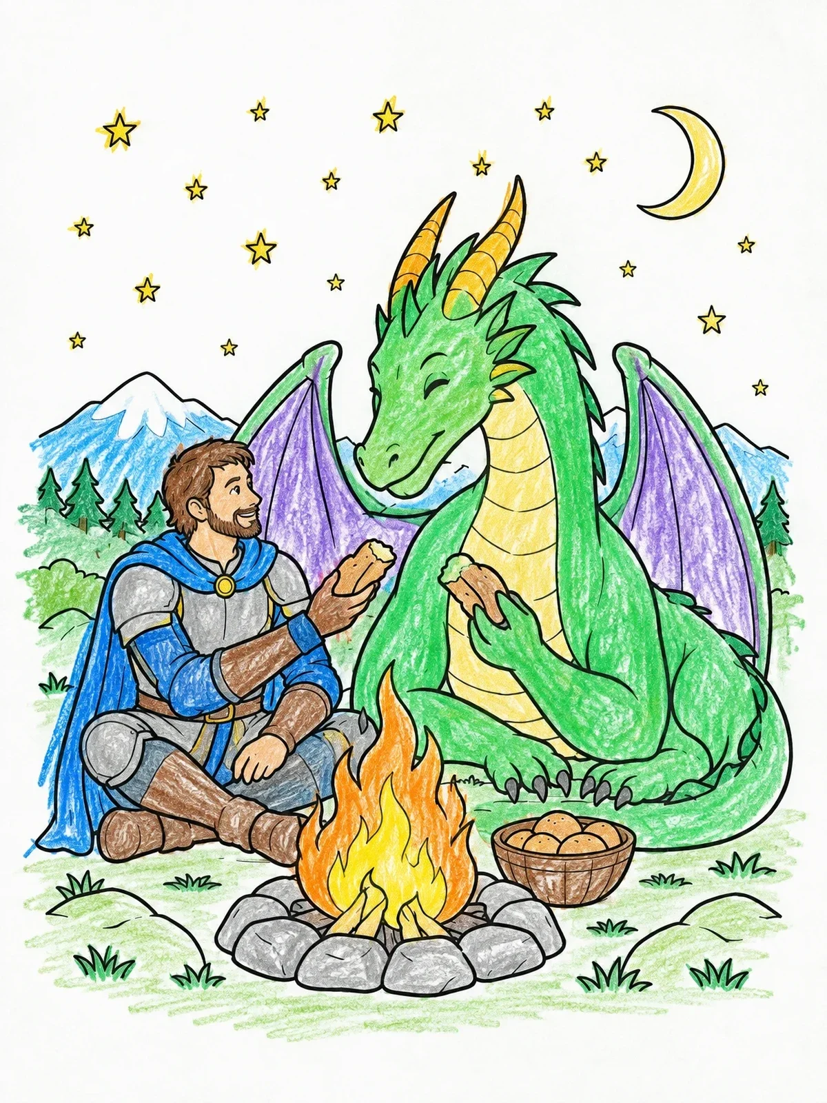 Colored example of the Knight And Dragon By The Campfire coloring page