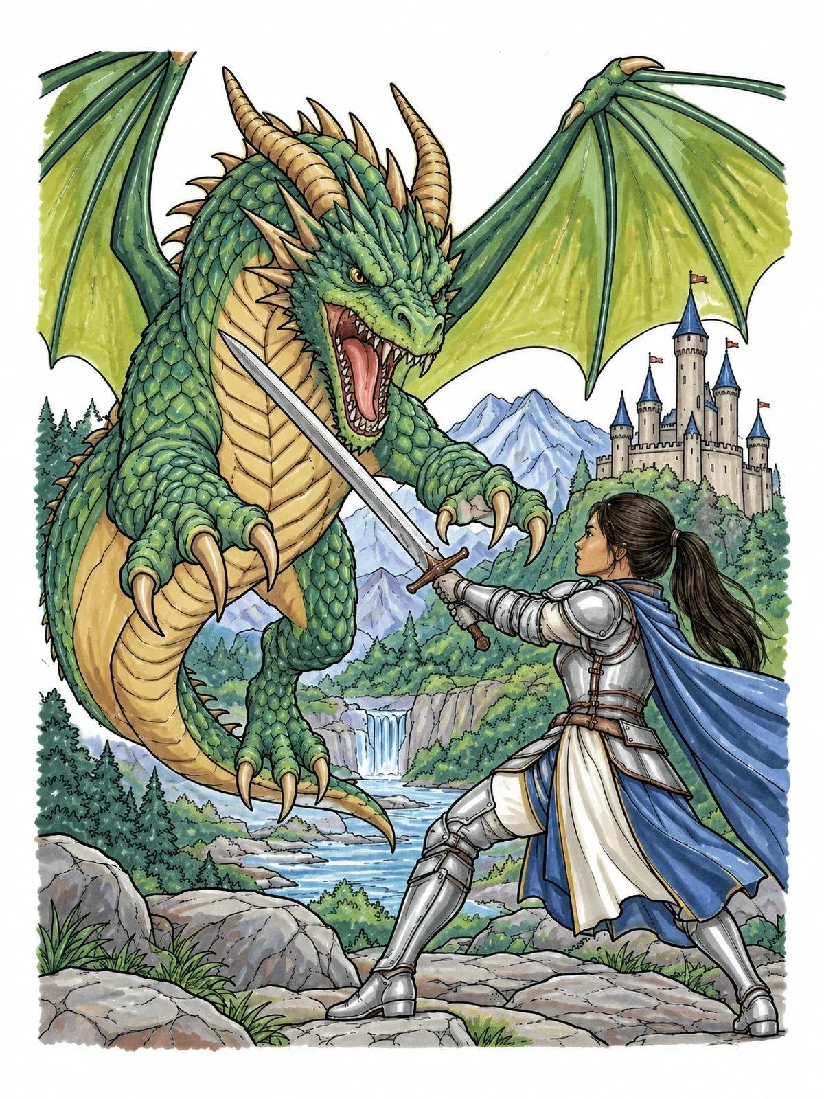 Colored example of the Brave Knight Facing A Fierce Dragon coloring page