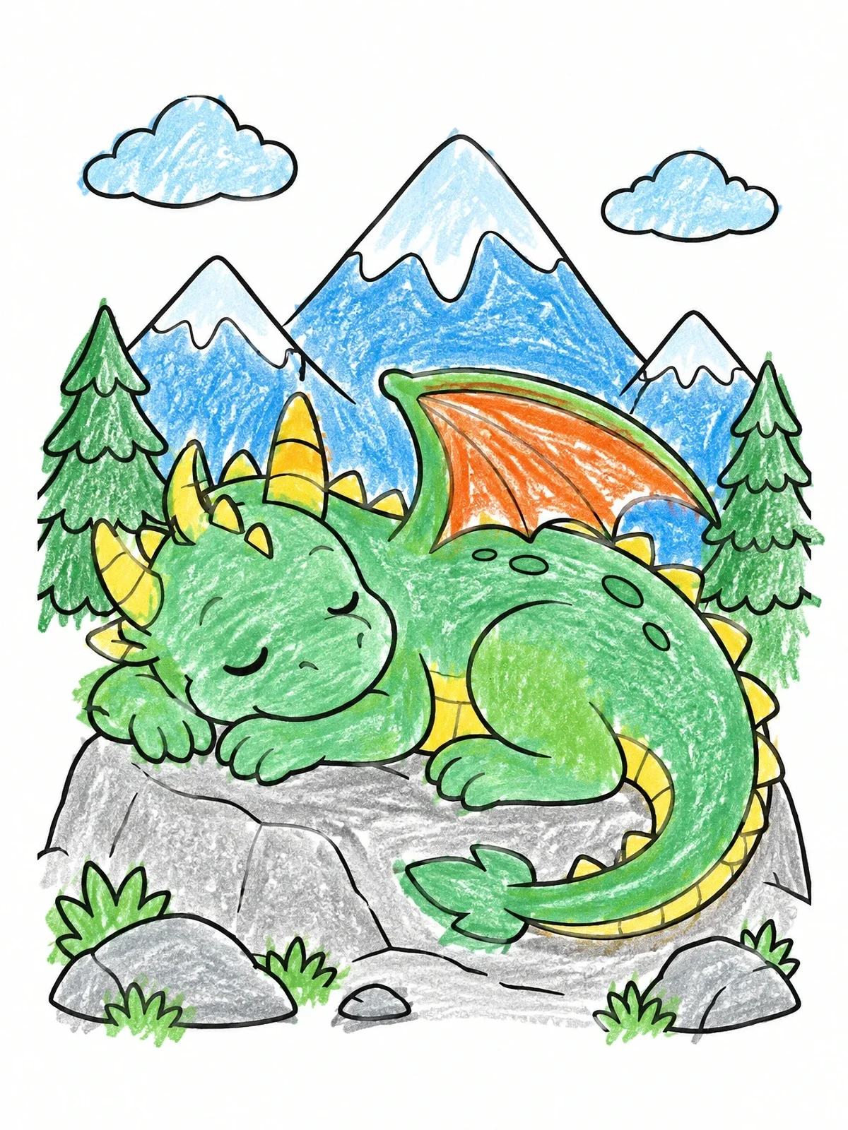 Colored example of the Cute Dragon Sleeping On A Mountain Rock coloring page