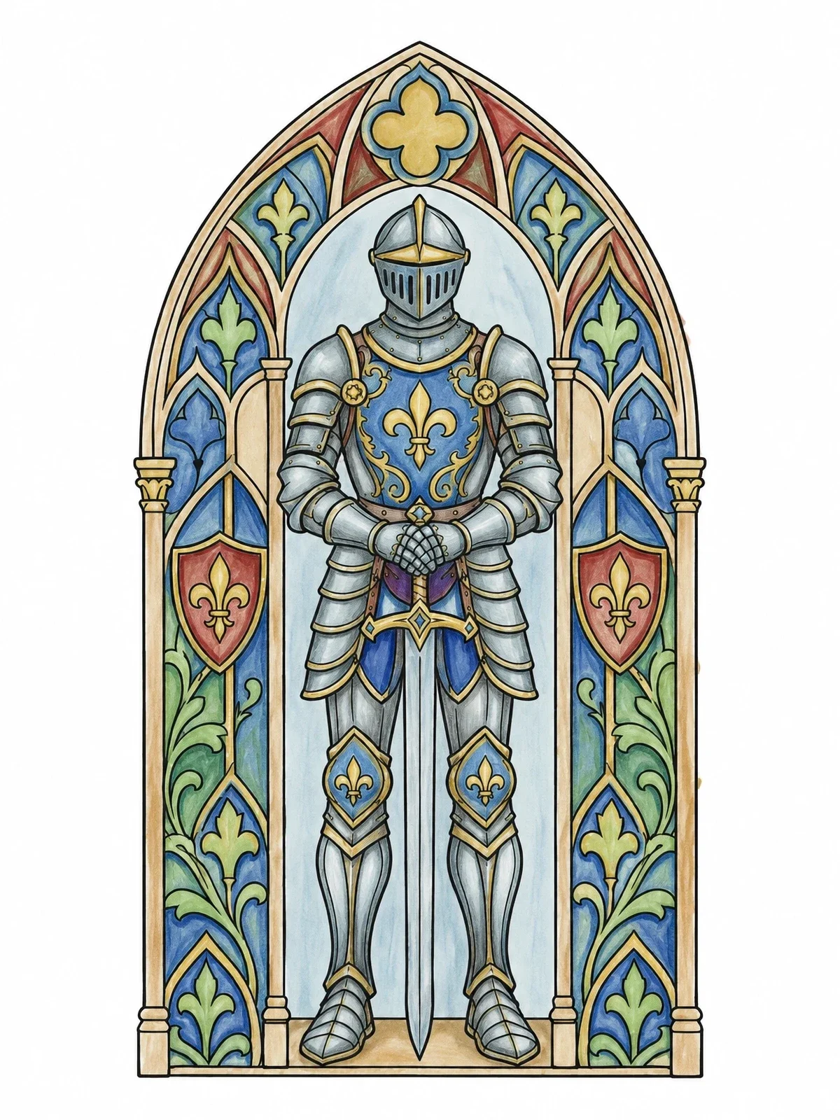 Colored example of the Knight Armor In Gothic Arch coloring page