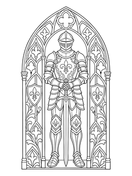 A full suit of armor stands under an ornate archway in this armor of god coloring page.