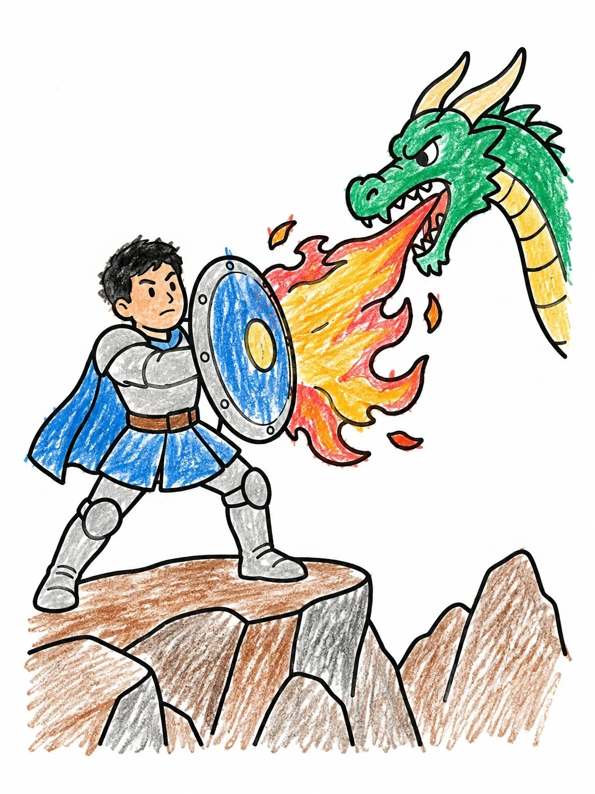 Colored example of the Brave Knight Defending Against Dragon Fire coloring page