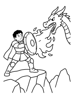 Free printable Brave Knight Defending Against Dragon Fire coloring page
