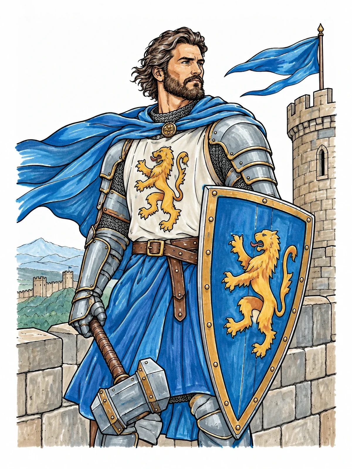 Colored example of the Knight Guarding Castle Battlements coloring page