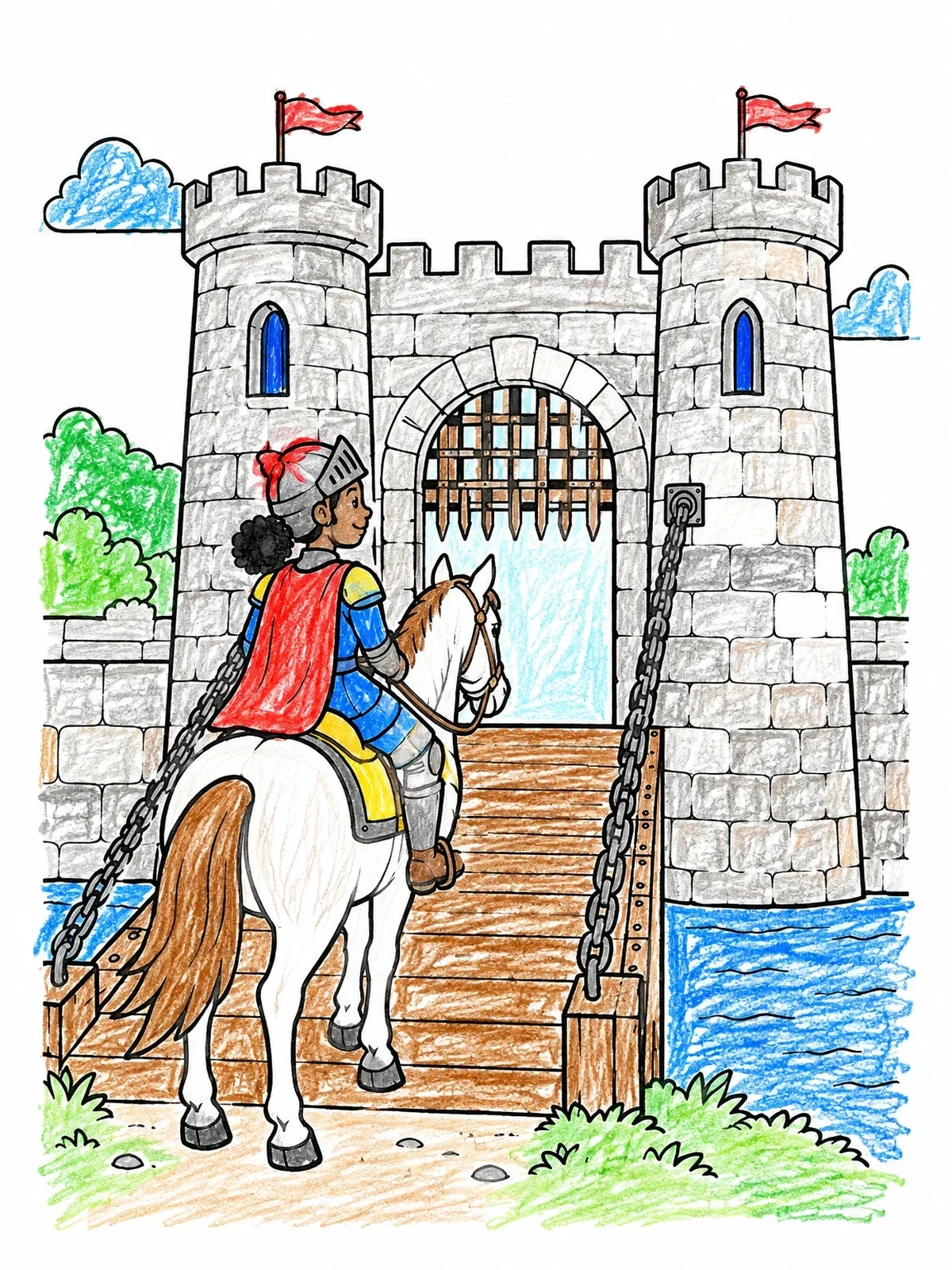 Colored example of the Knight Crossing Castle Drawbridge coloring page