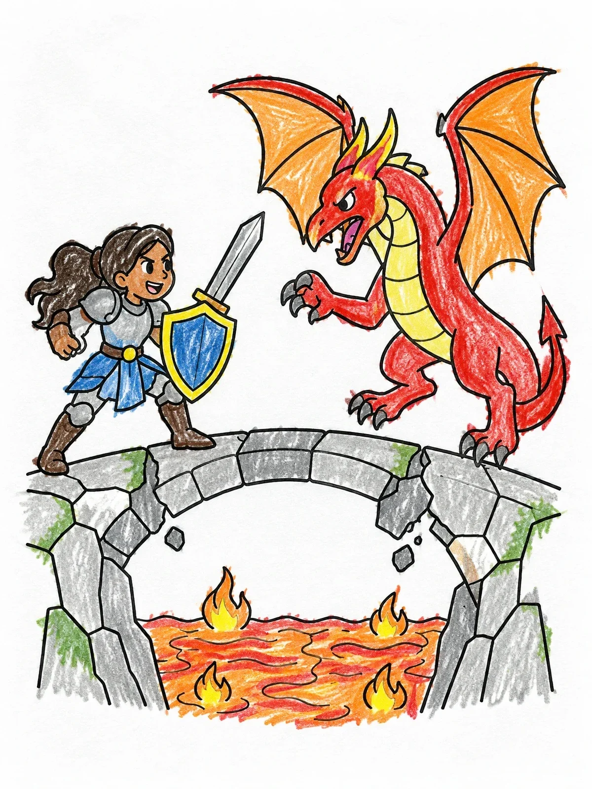 Colored example of the Brave Knight Facing Dragon On Bridge coloring page