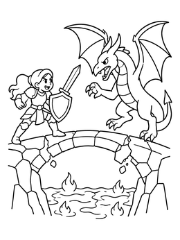 Free printable Brave Knight Facing Dragon On Bridge coloring page