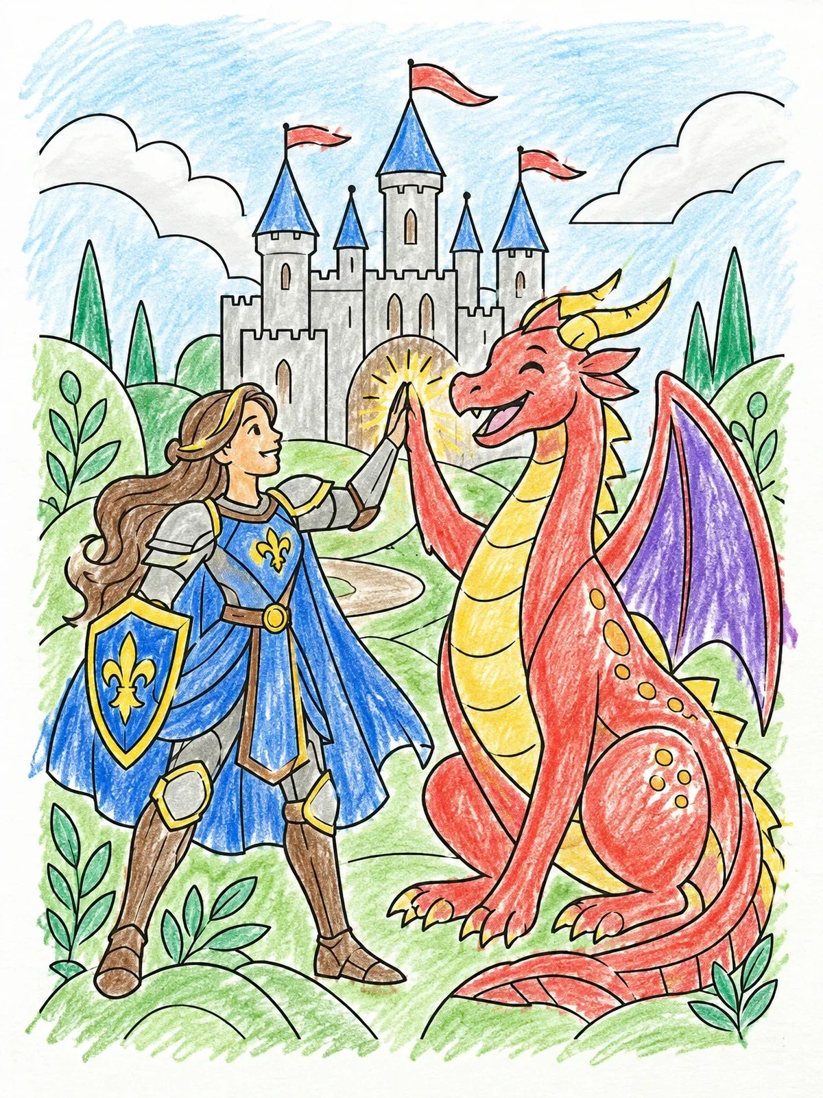 Colored example of the Knight And Friendly Dragon High Five coloring page