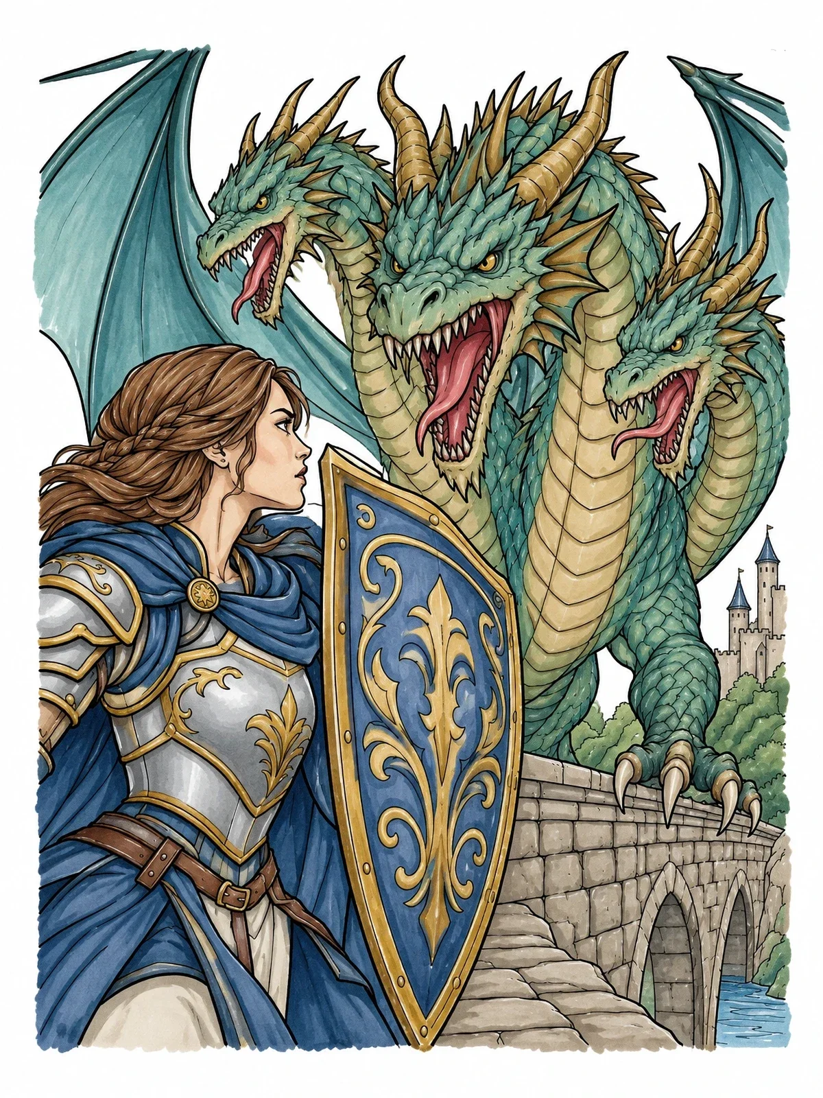 Colored example of the Knight Facing Three Headed Hydra Dragon coloring page