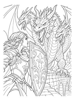 A brave warrior with an ornate shield in this detailed hydra coloring page.