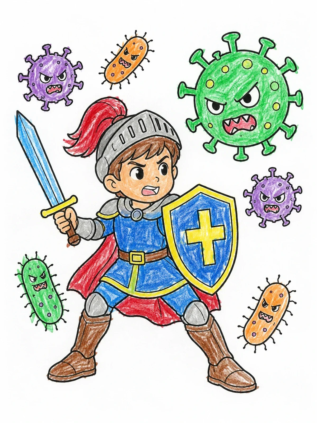 Colored example of the Brave Knight Defending The Immune System coloring page