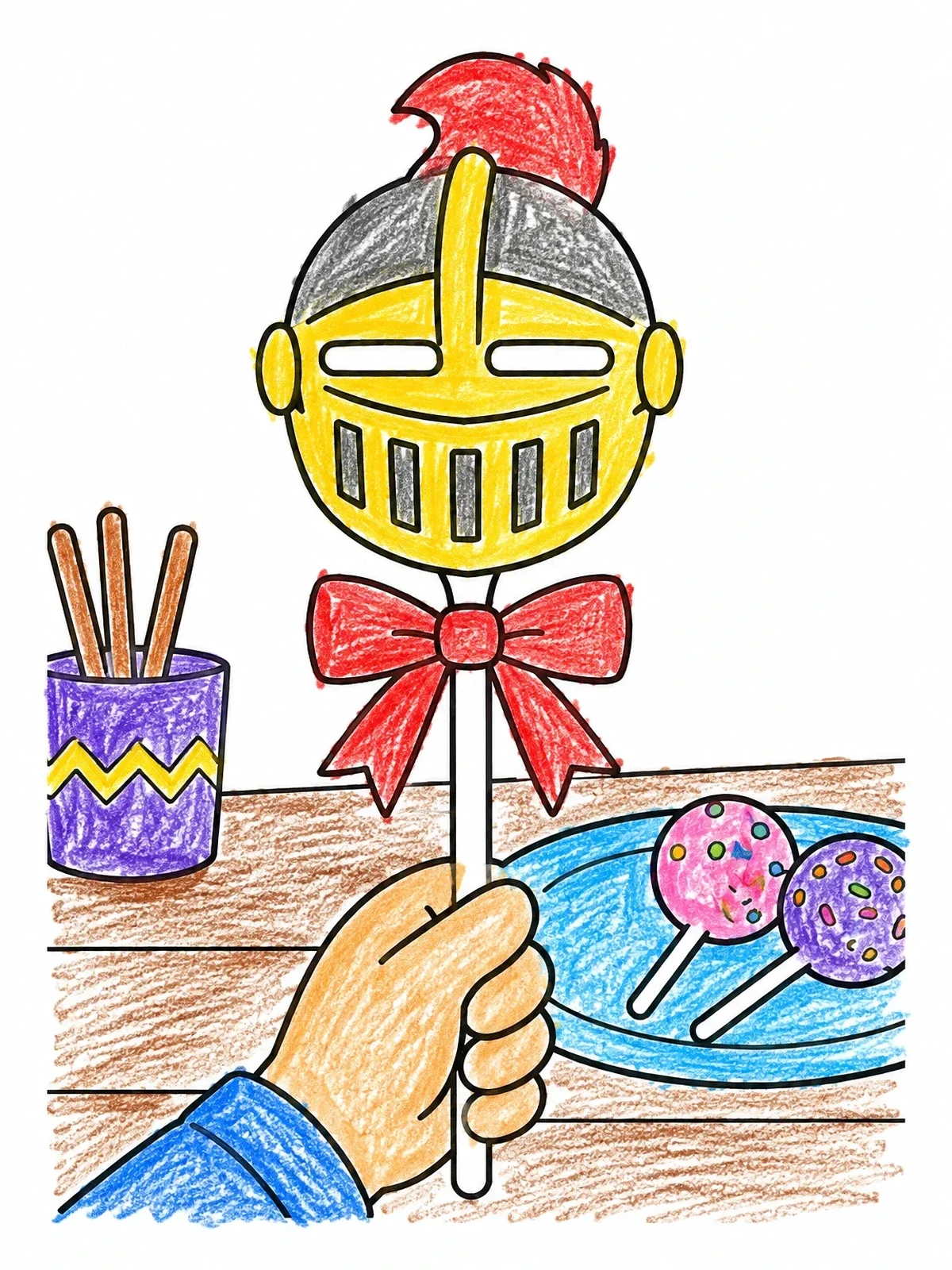 Colored example of the Knight Helmet Cake Pop With Bow coloring page