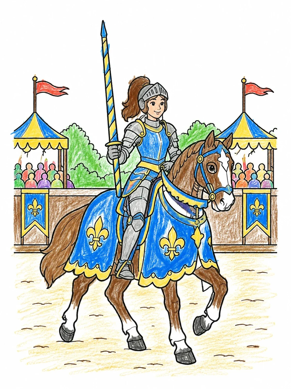 Colored example of the Courageous Knight On Warhorse In Arena coloring page