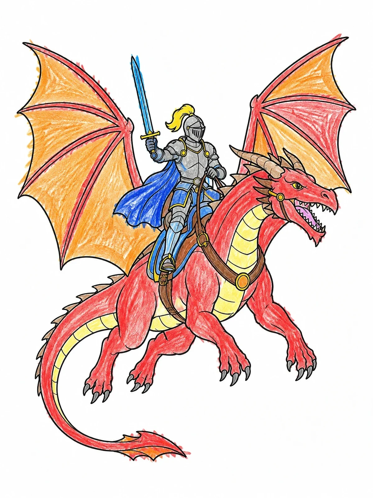 Colored example of the Armored Knight Riding A Flying Dragon coloring page