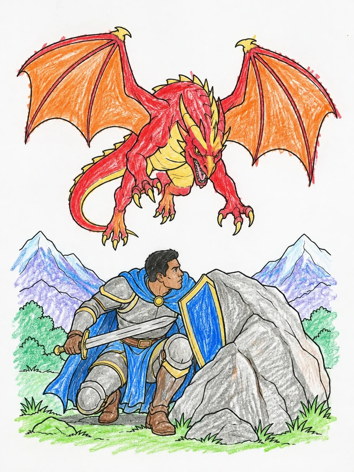 Colored example of the Knight Taking Cover From Dragon coloring page