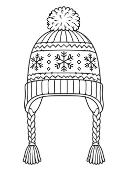 A patterned beanie on this winter hats coloring page with braided ear flaps and pom-pom.