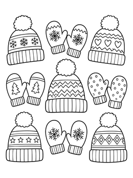 A cozy winter hats coloring page featuring varied patterned beanies and matching mittens.