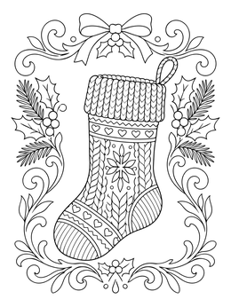 A cozy knitted stocking ornament coloring page framed by holly, pine needles, and bows.