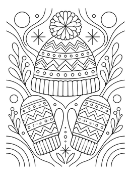 A decorative winter hats coloring page with patterned beanie, mittens, and winter foliage.