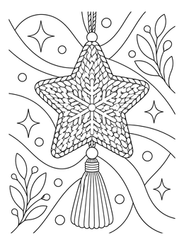 A cozy christmas star coloring page featuring a knitted star ornament with a tassel.