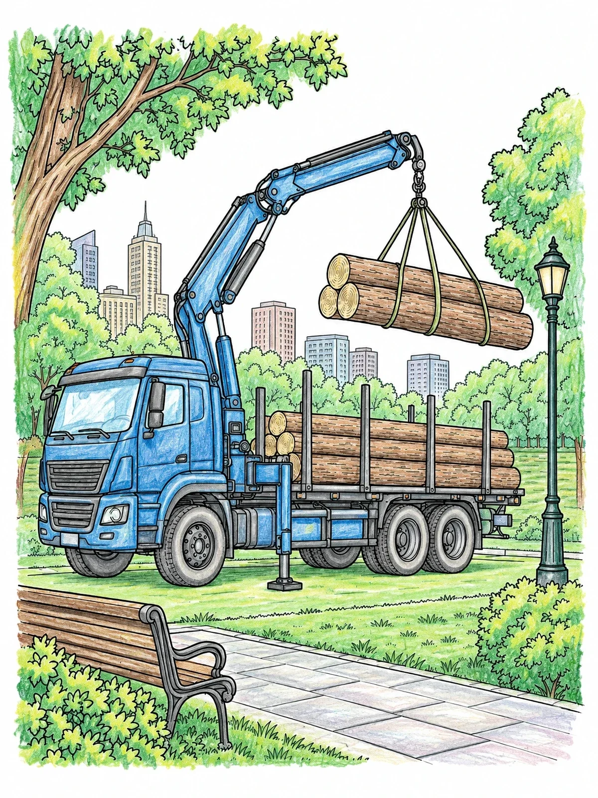 Colored example of the Knuckle Boom Crane Truck With Logs coloring page