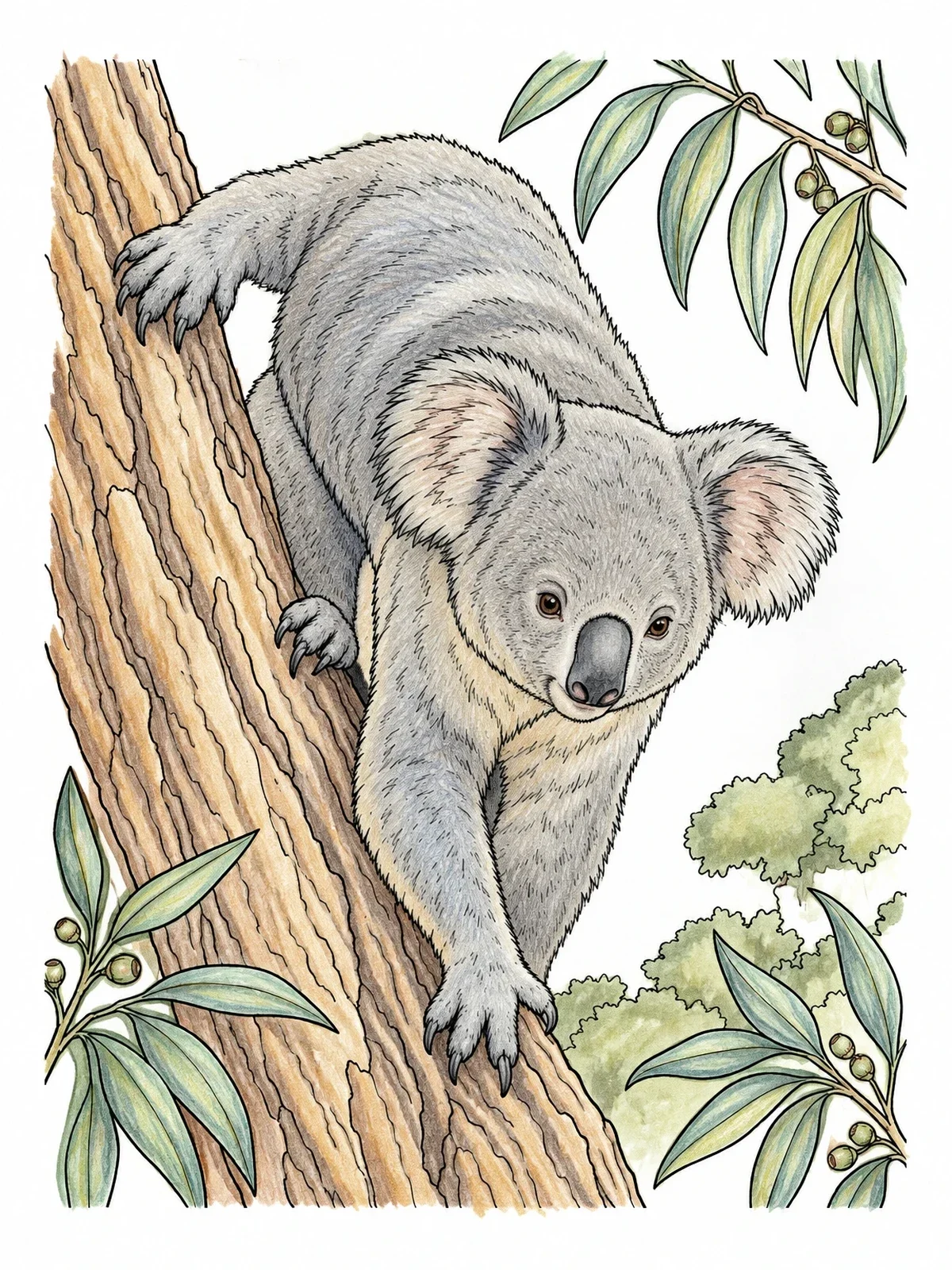Colored example of the Koala Climbing Down Tree Trunk coloring page