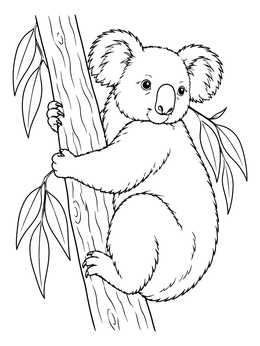 A fluffy koala climbing a tree branch in this sweet koala coloring page.