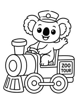 A cheerful koala driving a train on this cute zoo coloring page.